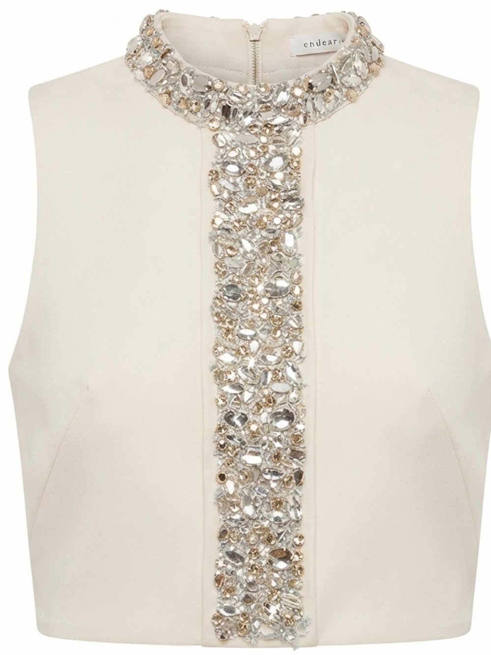 Endless Rose Rhinestone & Bead Embellished Mock Neck Crop Top – Cream / White